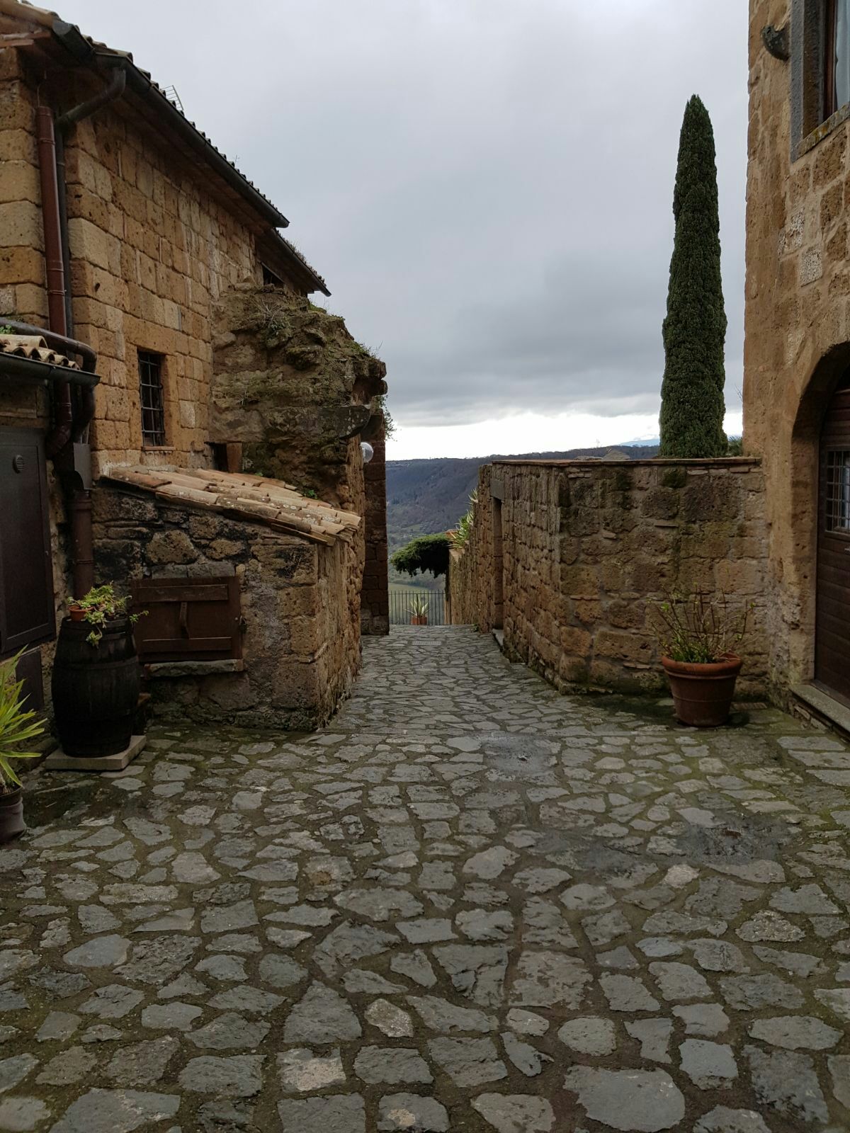 A cobblestone pathway winds between aged stone buildings, leading toward a scenic valley. The path is lined with potted plants and trees, providing touches of greenery. Soft gray clouds fill the sky, hinting at the tranquil atmosphere of the area.
