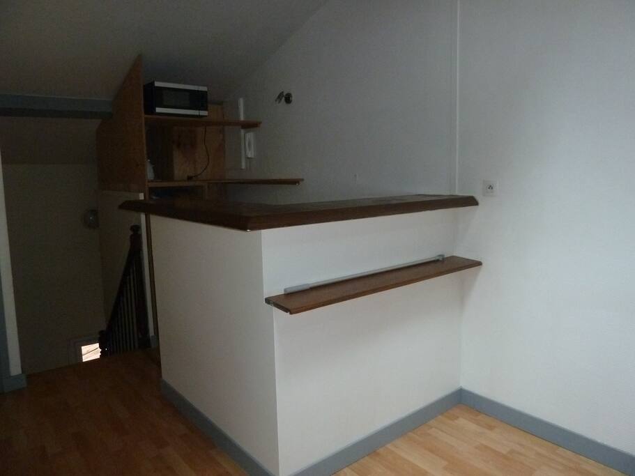 kitchenette aménagée , frigo, plaque de cuisson , micro ondes et bouilloire