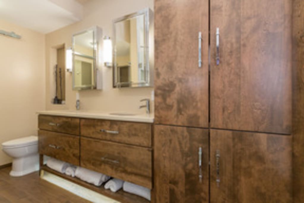 Double-vanity bathroom with heated floors