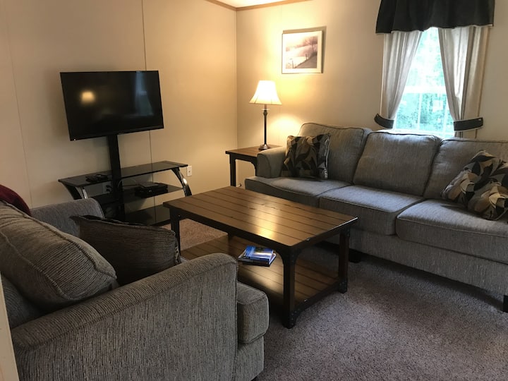 客厅配有沙发和情侣座椅。45英寸平板电视。