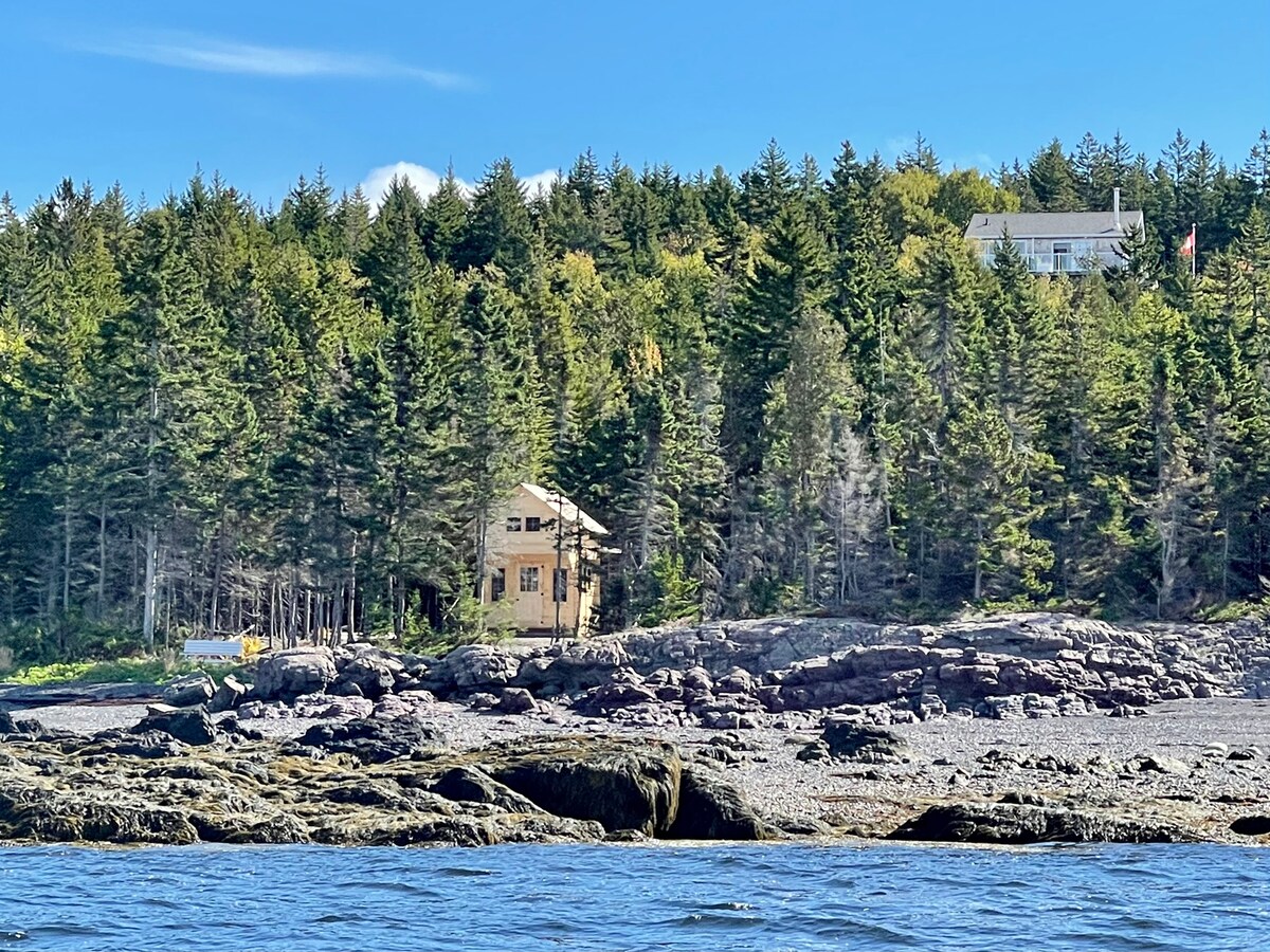 The Seaclusion Bunkie is viewed from the water, nestled among dense trees along the shoreline of Passamaquoddy Bay. The light-yellow structure contrasts with the surrounding greenery, while rocky formations lead to the partially sandy beach, offering a serene coastal atmosphere.