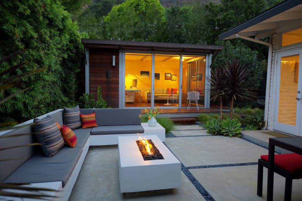 Outdoor built-in lounge with fire pit, dining seats 8, gas grill, canyon views