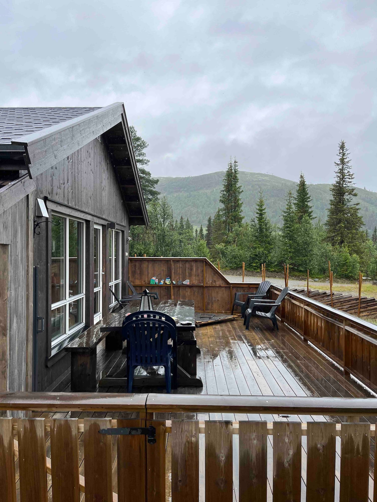 A wooden deck is shown, featuring a long dining table and several chairs under a cloudy sky. Surrounding greenery and distant hills create a natural backdrop. Surface appears wet, suggesting recent rain, while the railing adds a defined boundary to the outdoor space.
