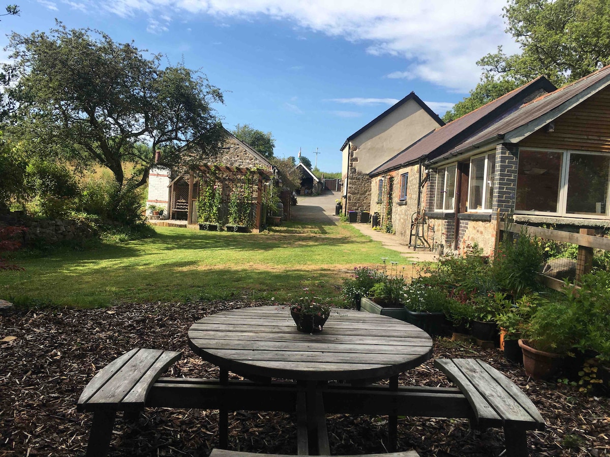 A view of the outdoor space at Wren Cottage features a round wooden table surrounded by benches. Lush green grass and seasonal plants are visible, with pathways leading to nearby buildings under a clear blue sky dotted with clouds.