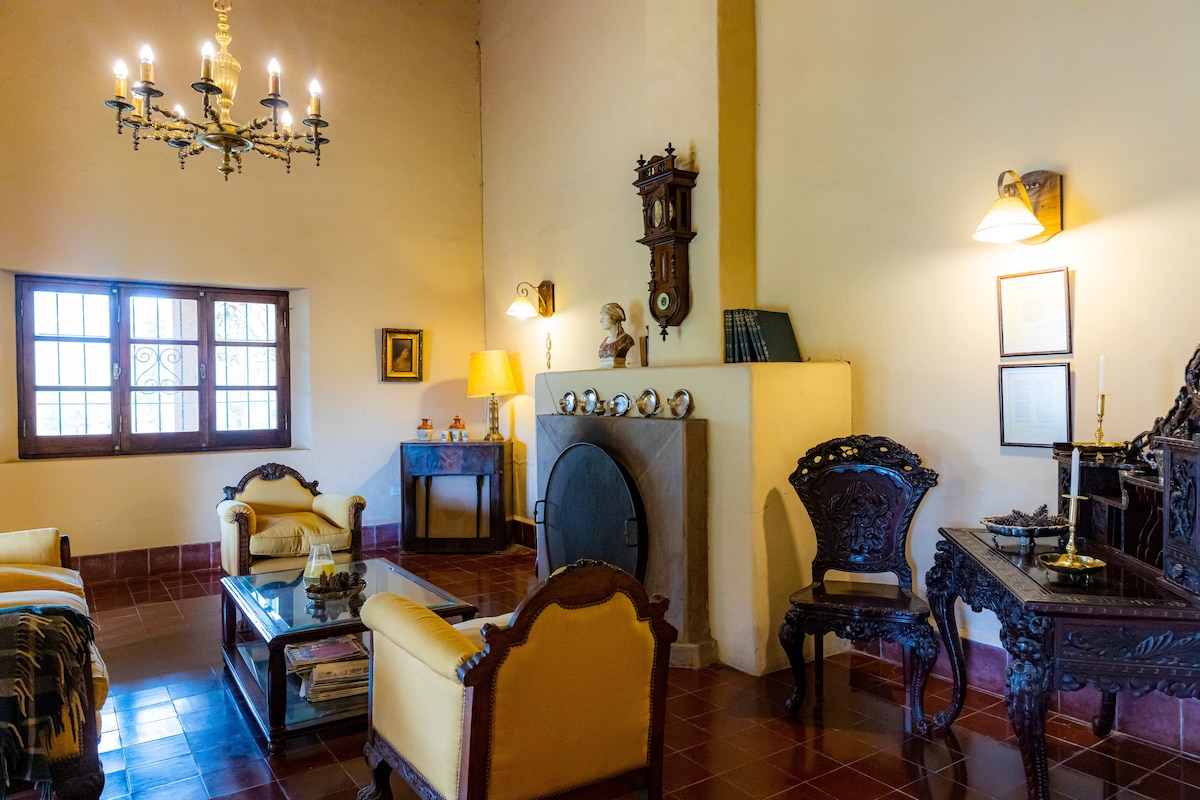 A welcoming living area features a warm color palette with elegant yellow armchairs surrounding a wooden coffee table. A vintage chandelier hangs above, illuminating ornate decorations. A large fireplace is set against a textured wall, complemented by framed artwork and books on nearby shelves.