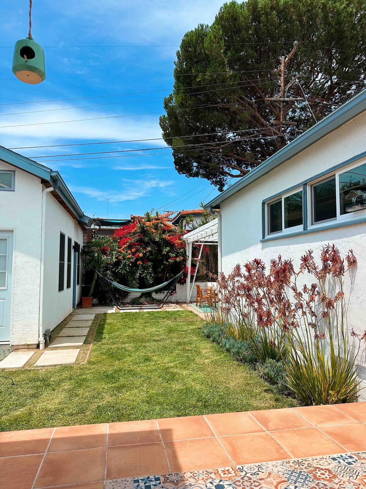 A shared backyard features a well-maintained lawn with decorative plants. A hammock is stretched between two trees, providing a cozy spot to relax. Light blue skies and bright flowers add color to the serene setting, inviting outdoor enjoyment.