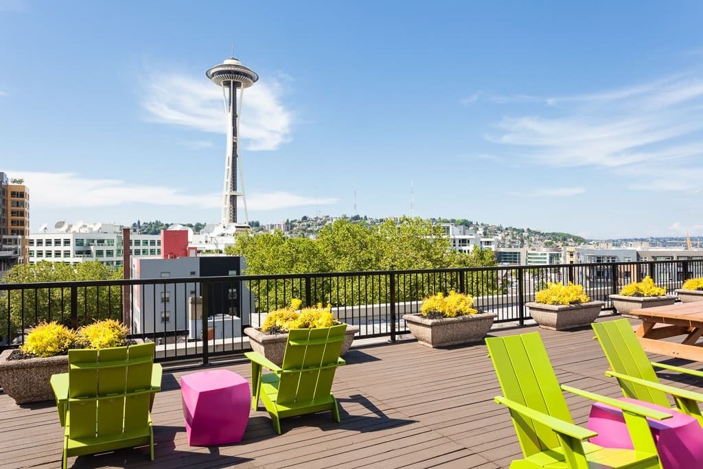 Roof top bbq deck with views of the Space Needle and DT Seattle