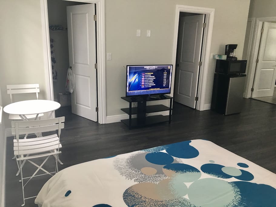 Private TV, small table, small fridge, microwave and coffee maker ,