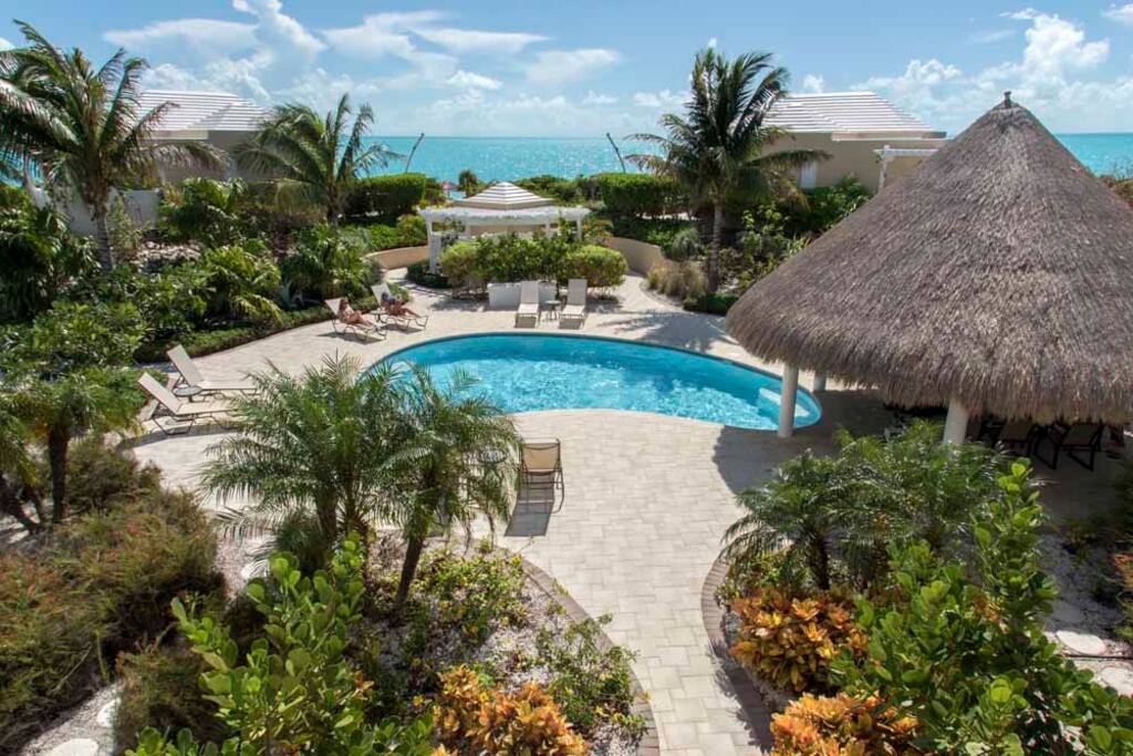 Pool area with tiki hut