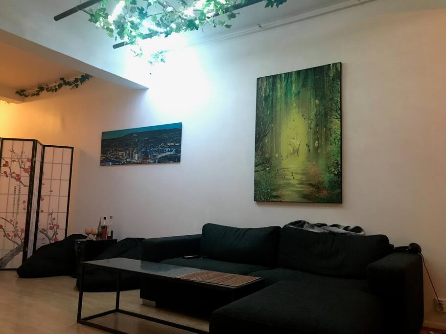 Living room with couch and bean bags