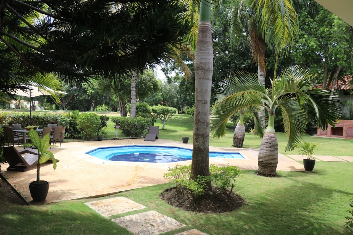 A private patio area is showcased, featuring a small, inviting swimming pool surrounded by well-maintained grass and tropical plants. Lounge chairs are positioned nearby under the shade of palm trees, enhancing the tranquil outdoor setting.