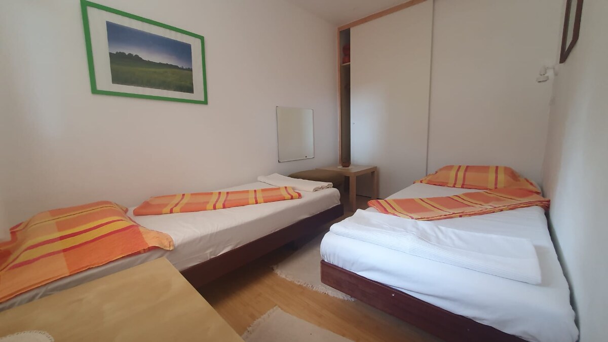 Spavaća soba s dva kreveta za jednu osobu