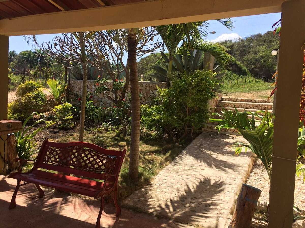 A charming outdoor area features a wooden bench under a shaded roof. Lush greenery surrounds the pathway, leading to a landscaped garden. The space offers a peaceful ambiance, complemented by nearby tropical plants and gentle sunlight filtering through.