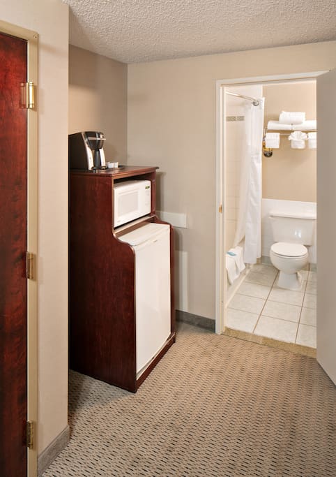 Microwave, keurig, refrigerator, and private bathroom