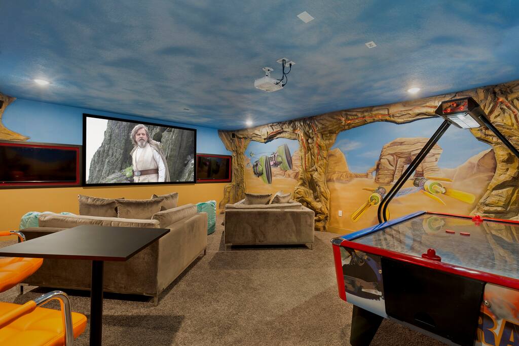 The walls are made 3D printing with built light. In person you will be blown away with the attention to detail. Enjoy the 110-Inch projector screen with a SMART DVD player to watch netflix