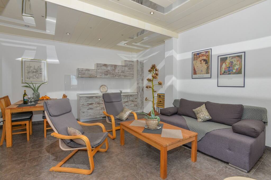 Living room, couch, kitchen