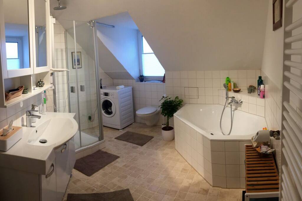 Spaceious bathroom with big bathtub and shower