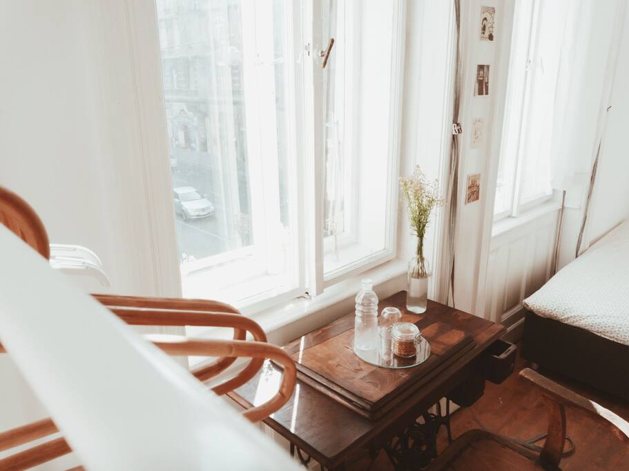 Here you go. Water and some treats will be waiting for you, and the morning sun will shine to wake you up! If you are in for more quiet and darker room, you can always put the shadows down to block the light and the sound.