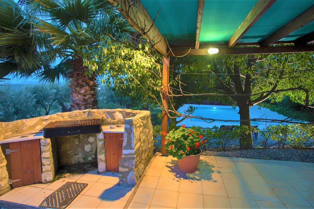 BBQ area with pool view