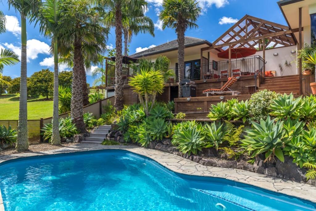 View from pool to cottage