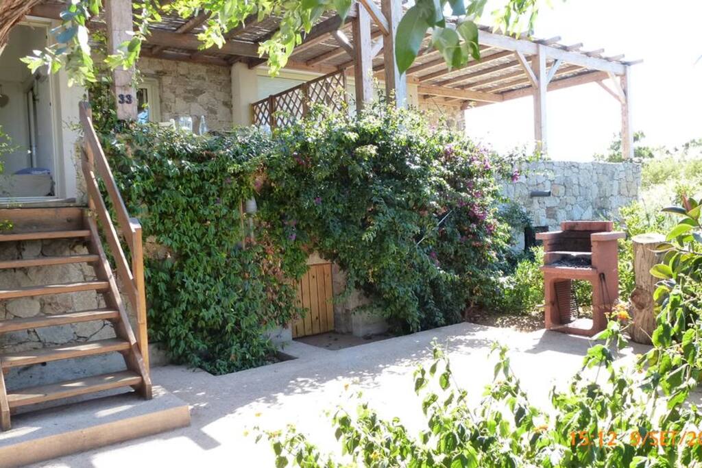 lower level terrace with bricked bbq and shower