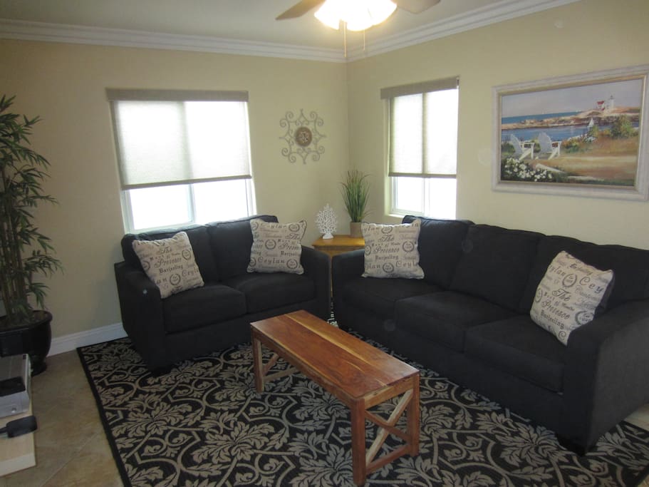 Living room with love seat and queen sofa sleeper