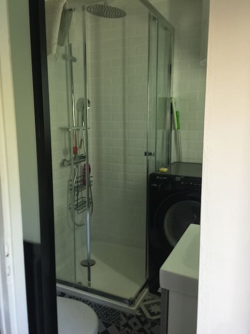 Dans la salle de bains , une douche , un Wc, un lavabo,un lave linge sèche linge