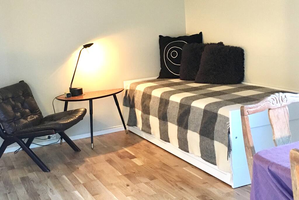 Pull out bed serves as a sofa when not in use.