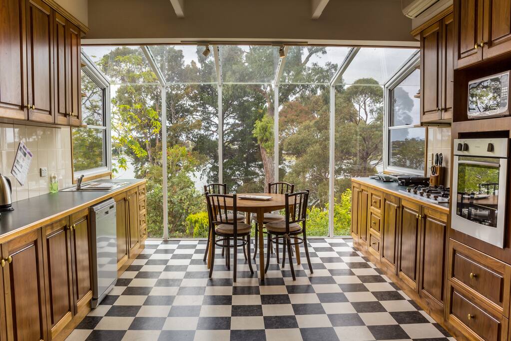 Large modern kitchen with view