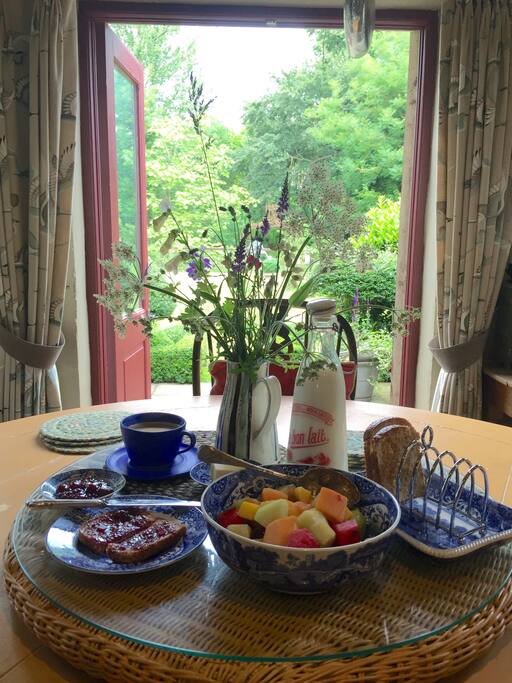 Lovely breakfast looking out over kitchen garden
