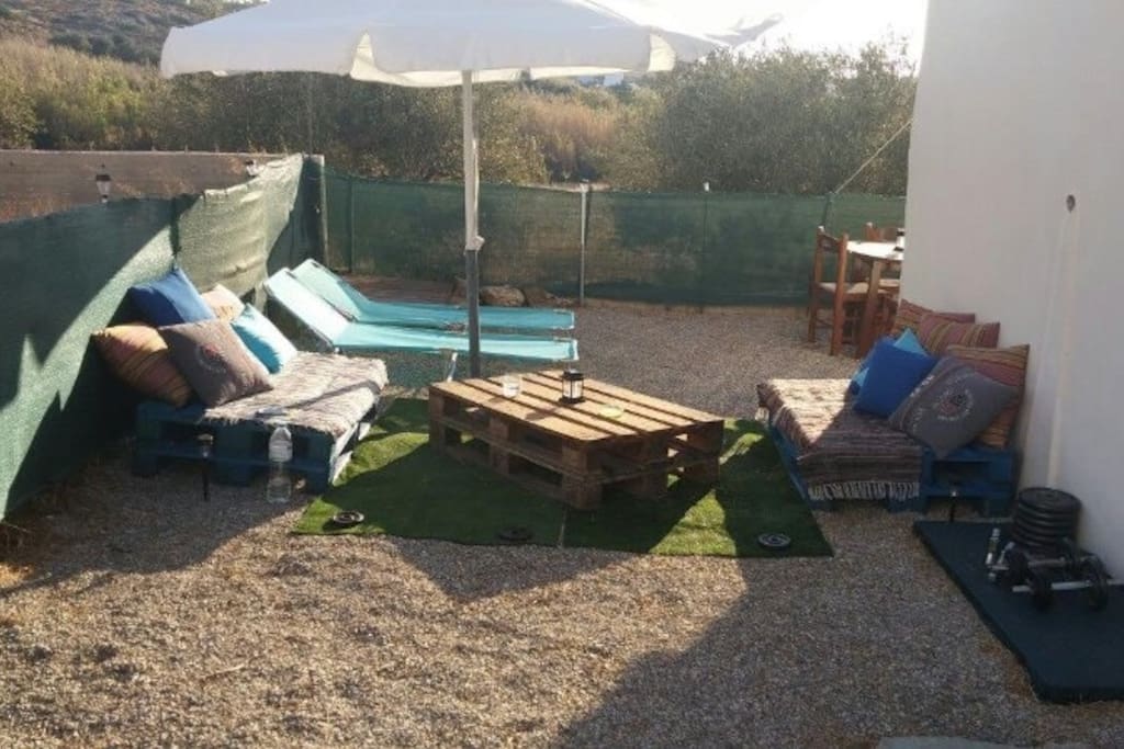 Garden sun umbrella, loungers and shower
