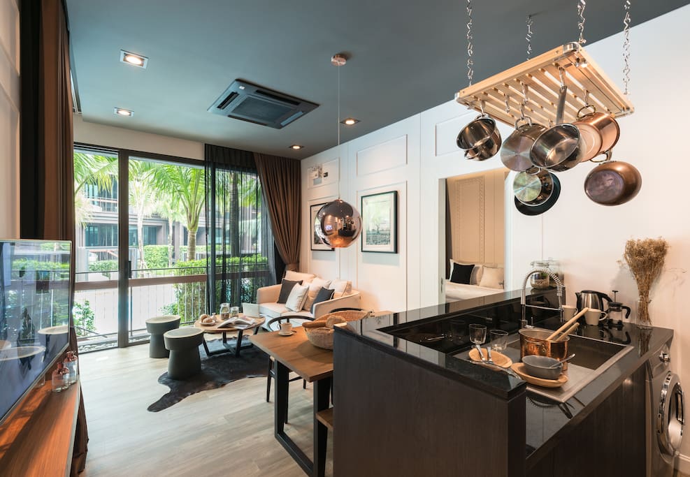 The kitchen and living room