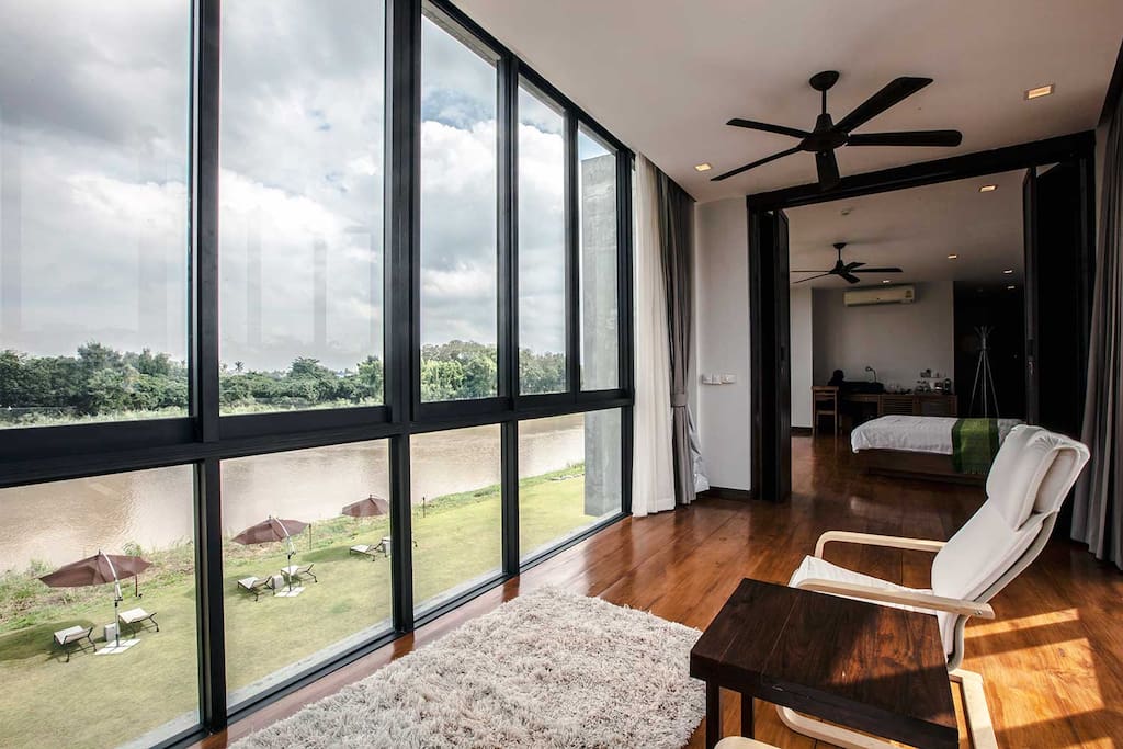 •Zensala Suite (72 sqm)
Description:
Zensala Suite features view of Mae Ping River View. Only one room located on third floor with bird eye view and panoramic river view inclusive of designated living room where you can open the window and breathtaking.
From bedroom open the door connect with private spacious balcony. The story time under the star, blowing up to the wind.
Zensala Suite feature a sized bathroom with separate Jacuzzi and rain shower inclusive of natural bath amenities set up.