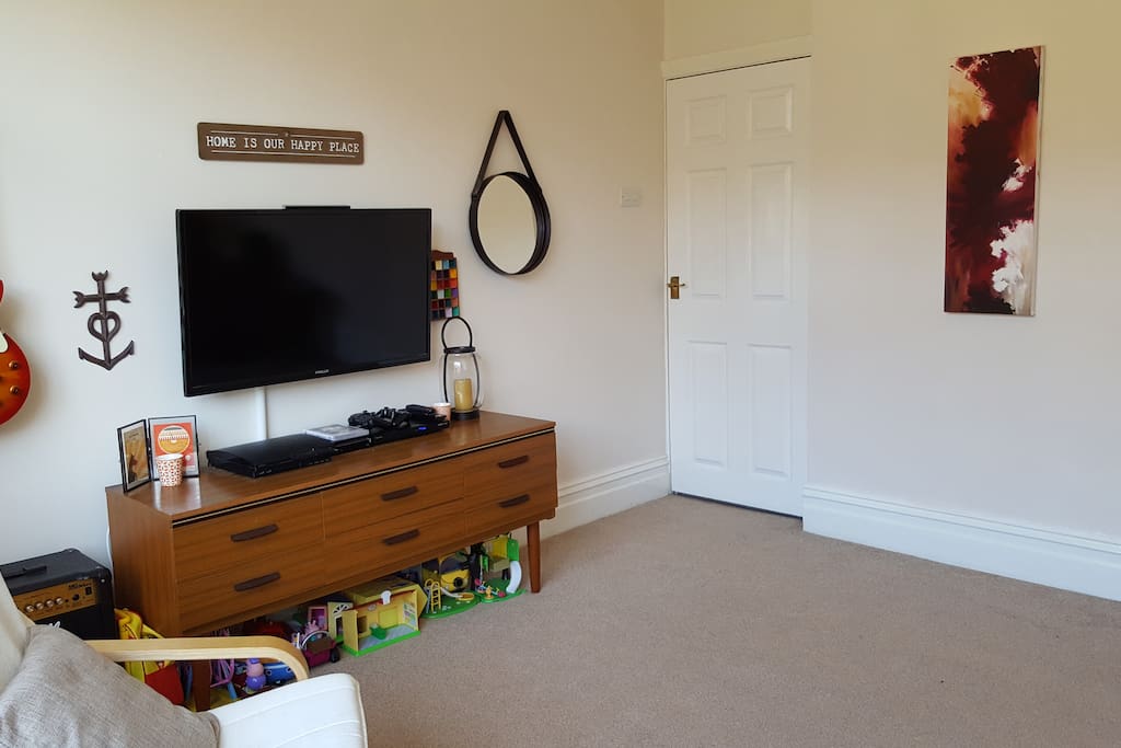 TV with DVD player, and PS3, with access to Netflix etc.