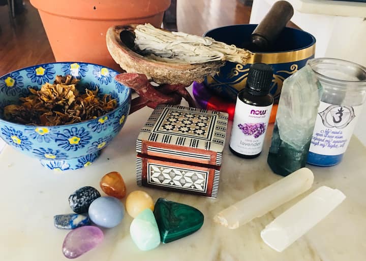 Sage, crystals, oils, sound bowl healing