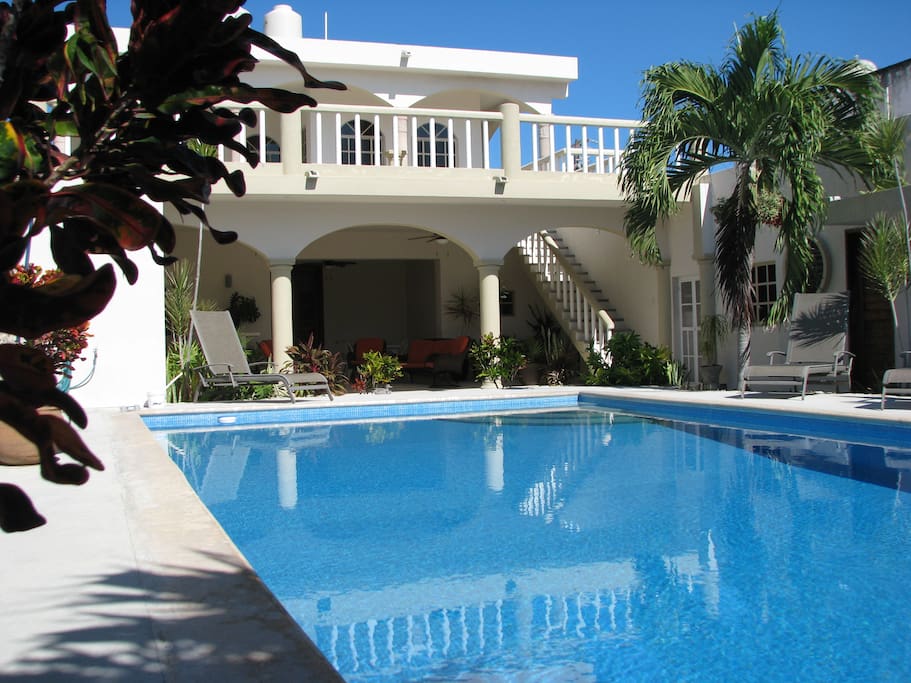 Pool, covered patio and upper deck.