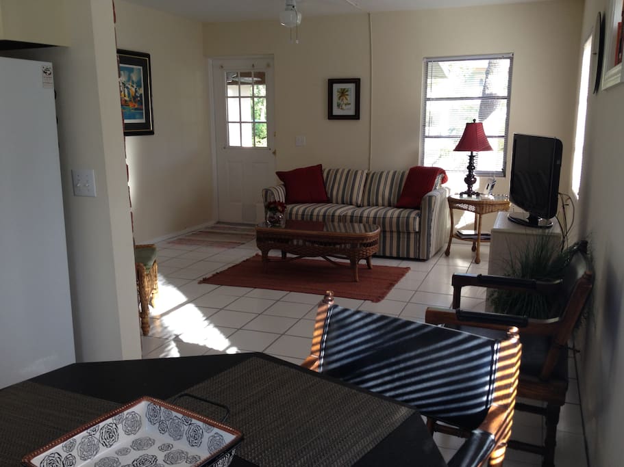 Living area, sofa converts to double bed