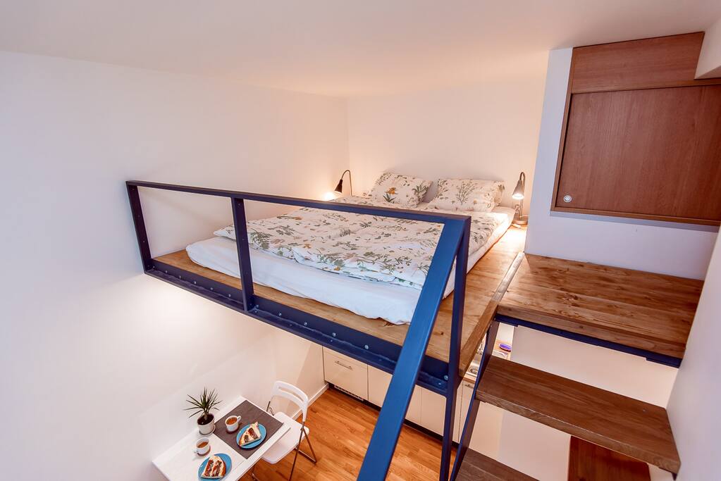 Bedroom, kitchen under bedroom.
