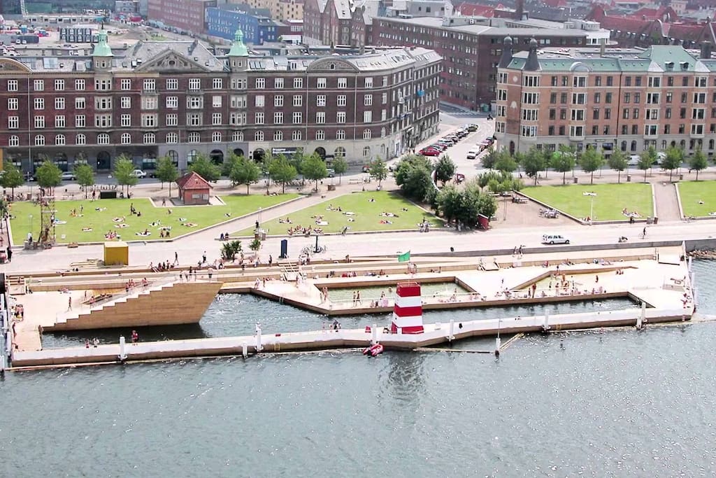 Islands brygge neighbourhood, public pool and green area just outside the front door! Amazing area in the heart of Copenhagen. 10 min walk to city hall and main train station.