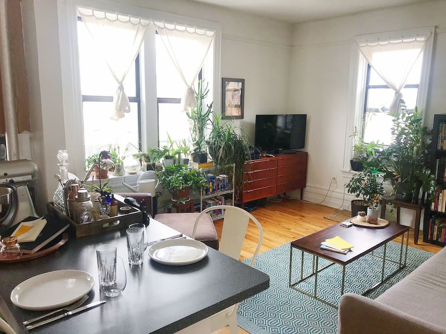 Living room with open kitchen and island with bar seating