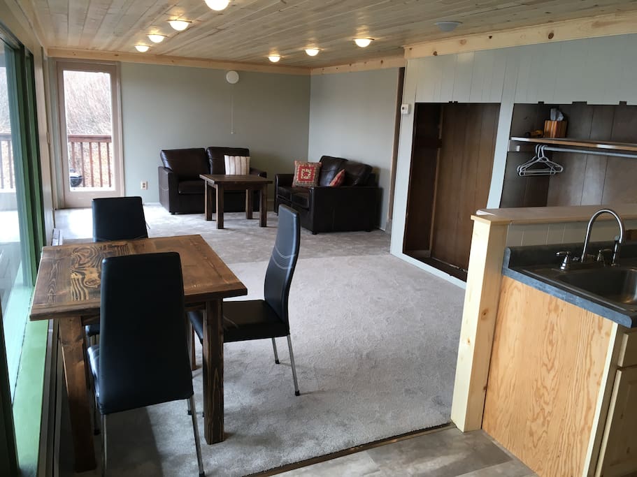 Living and dining areas, viewed from the kitchen. The entry into the apartment is from the outside deck, in the far left corner in this photo.
