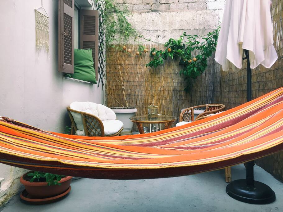 sunny backyard with hammock