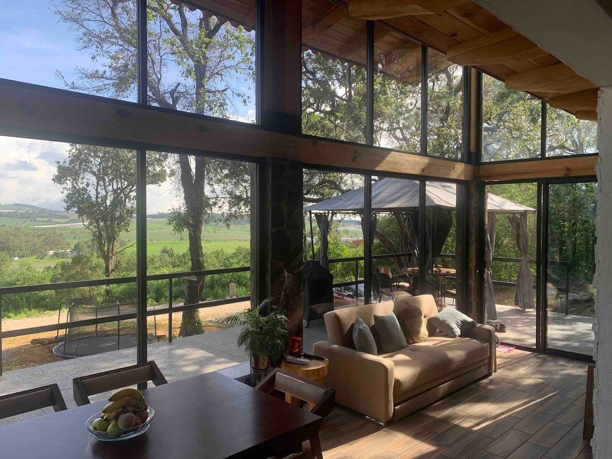 The spacious living area features large glass windows that allow for abundant natural light and offer views of the surrounding greenery. A comfortable sofa is positioned near the windows, complemented by a dining table set for meals. A covered outdoor space is visible beyond the glass.