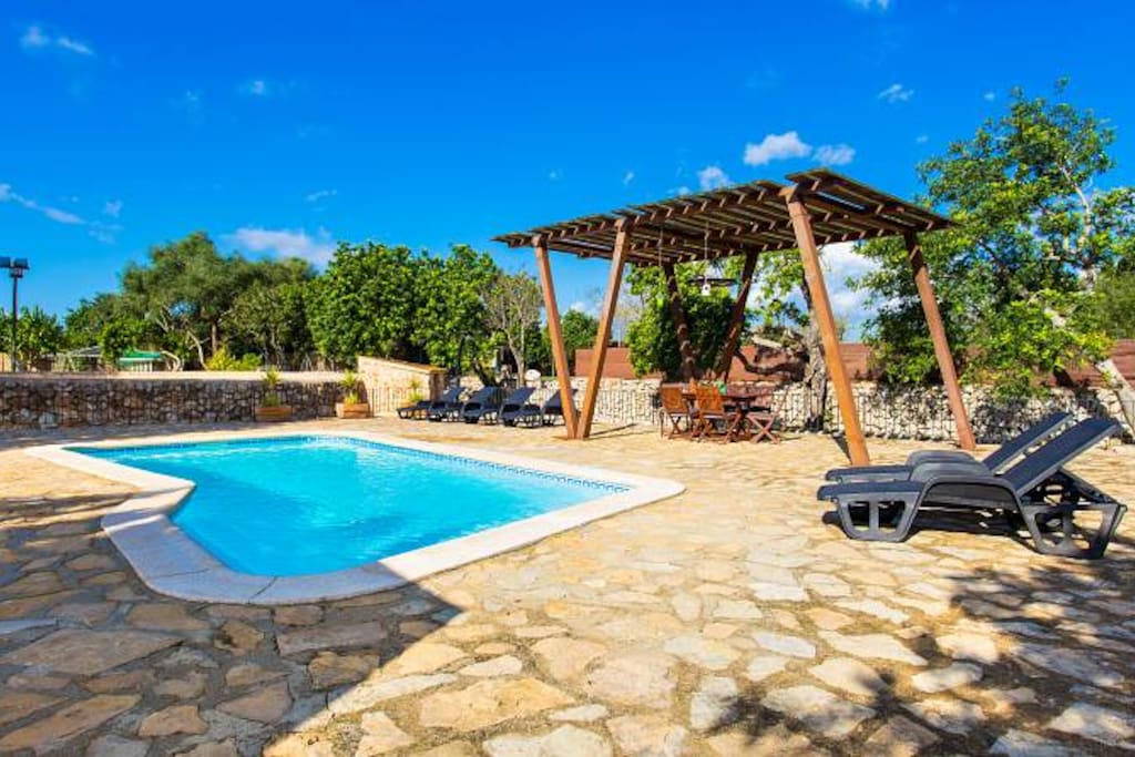 terraza piscina con comedor debajo de la pérgola