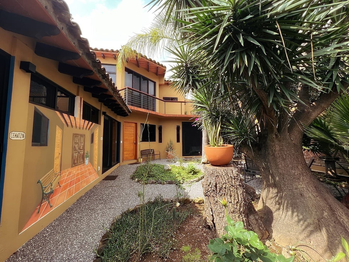 A shared outdoor courtyard is surrounded by lush greenery and palm trees. The pathway is lined with decorative stones, leading to multiple entrances featuring wooden doors. Colorful murals enhance the wall space, creating a charming and inviting environment.