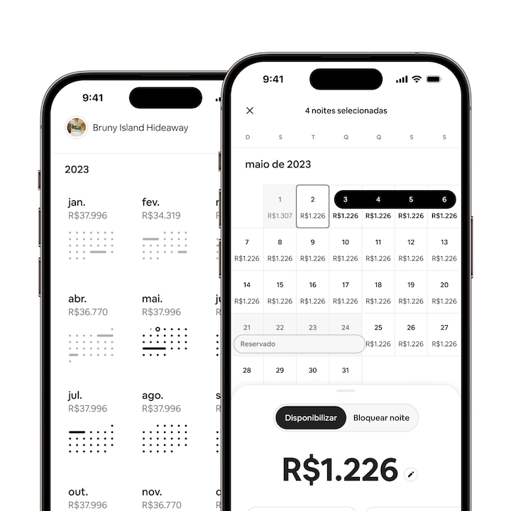 O aplicativo do Airbnb exibe várias datas selecionadas no calendário do anfitrião para demonstrar o novo recurso de seleção fácil de datas.