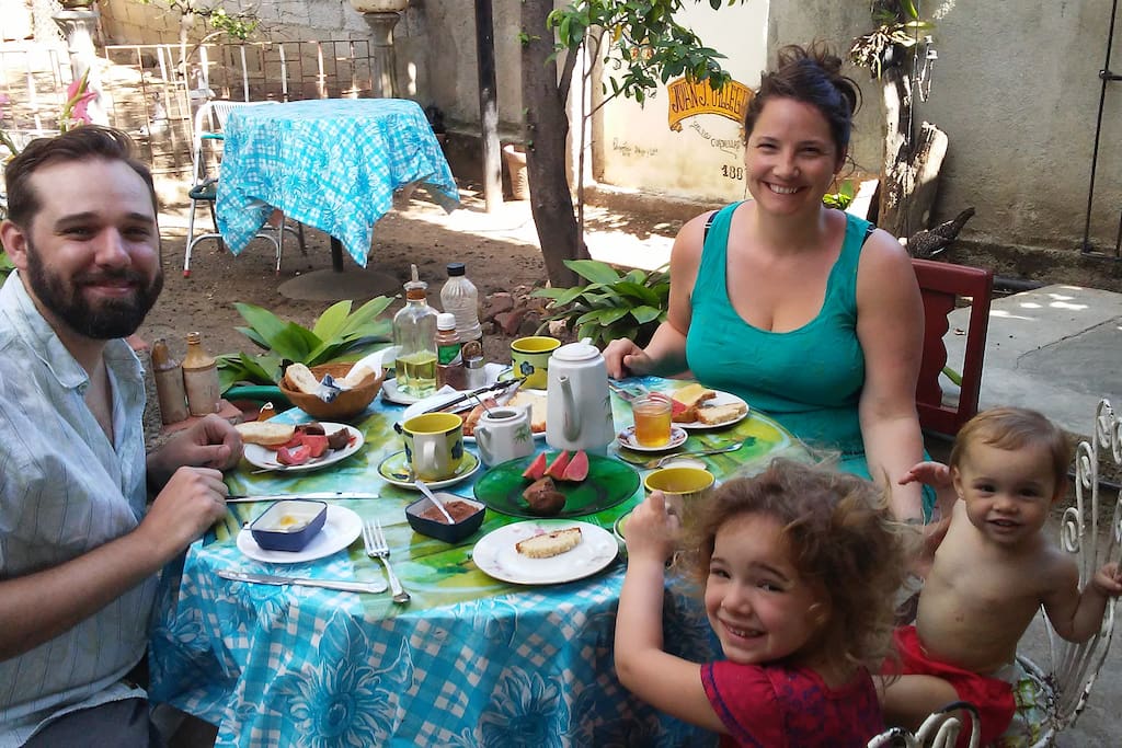 beautiful family having spring breakfast
