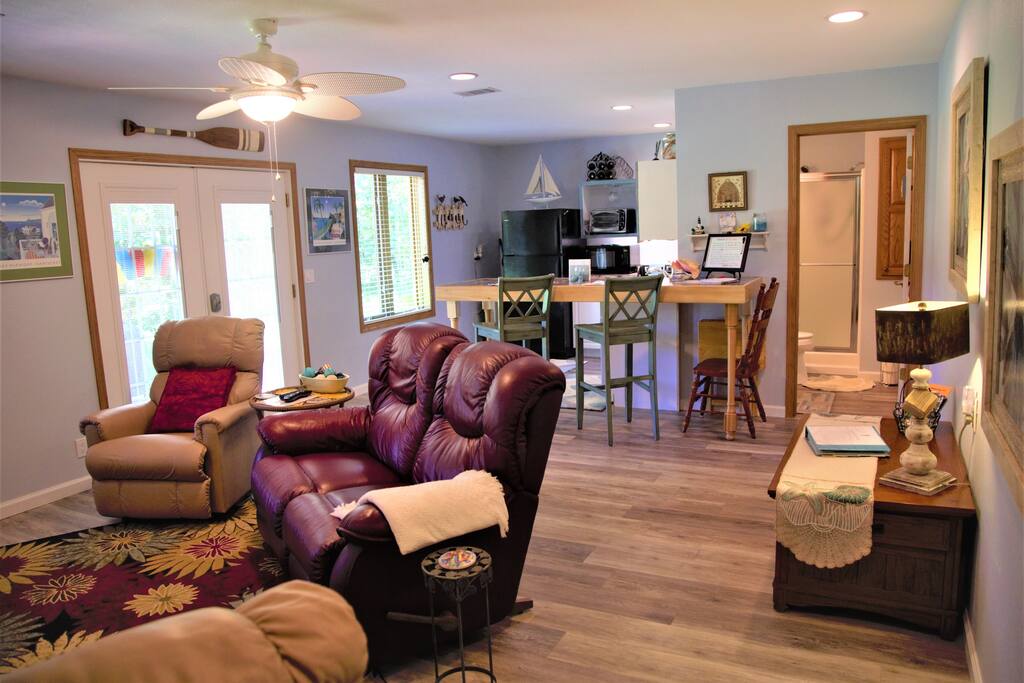 Light and bright area. Two large windows and a 6ft. patio door.