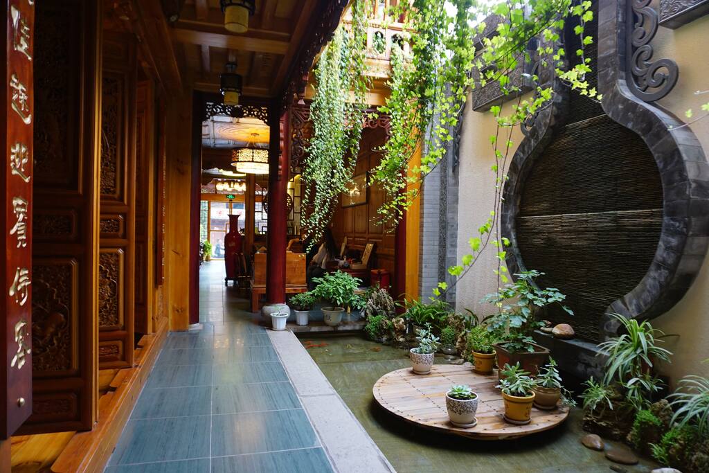 Lobby with a fishpond and a turtle