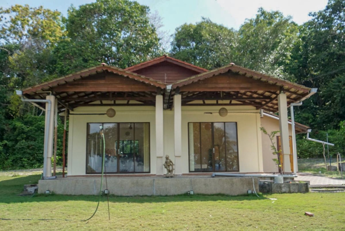 A private beach bungalow features a unique architectural design with a wide front porch supported by tall columns. Large glass windows invite natural light, revealing a lush green backdrop of trees. The building is surrounded by a manicured lawn, enhancing the tranquil outdoor setting.